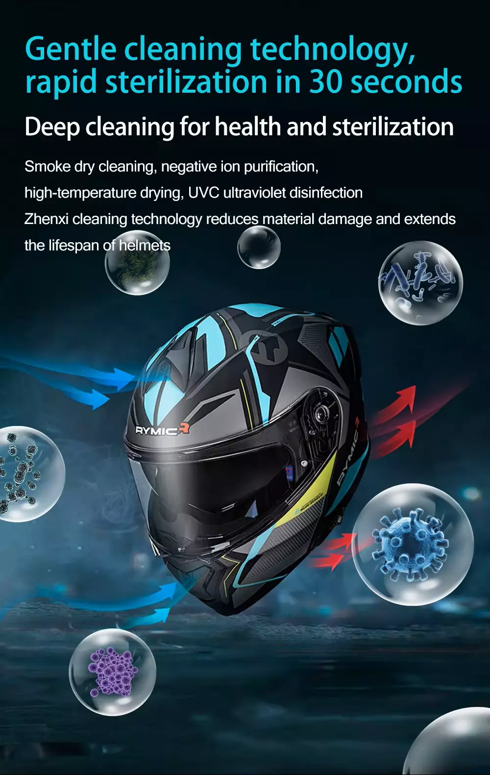 Gentle helmet cleaning technology,rapid sterilization in 30 seconds